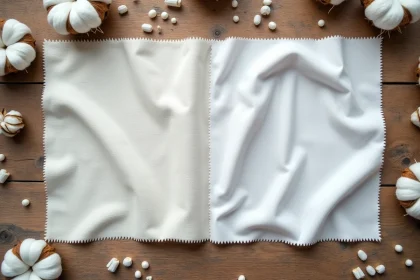 Comparaison de tissu coton naturel et polyester synthétique posés côte à côte sur une table en bois, illustrant la question de la durabilité et de l'impact environnemental des matières textiles