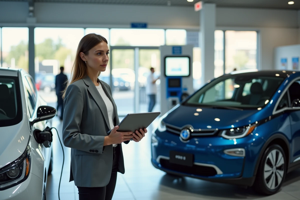 Femme comparant une voiture électrique et une voiture à hydrogène dans un showroom automobile moderne