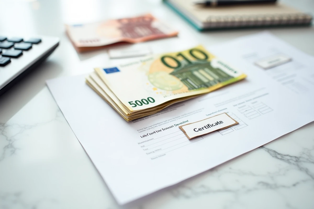 Vue à plat des trois composants de la masse monétaire : billets en euros, livret d'épargne et certificat de dépôt sur marbre blanc