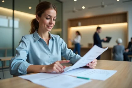 Femme consultant ses relevés bancaires dans une agence pour vérifier l'activité de son compte