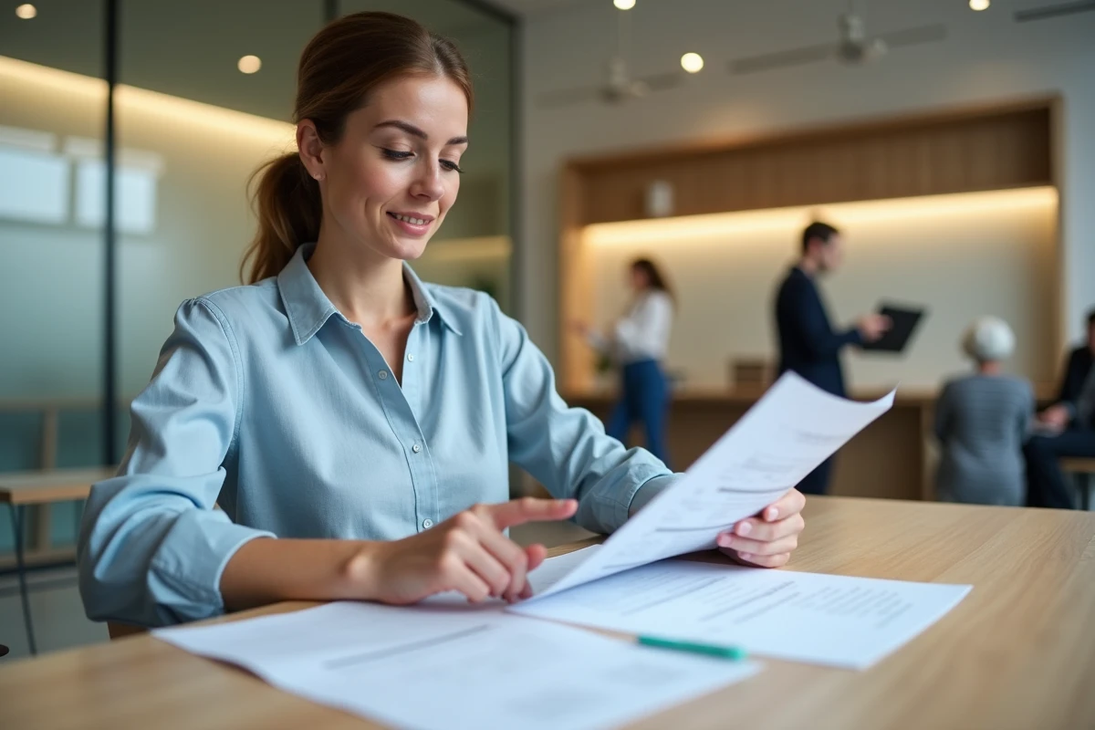 Femme consultant ses relevés bancaires dans une agence pour vérifier l'activité de son compte
