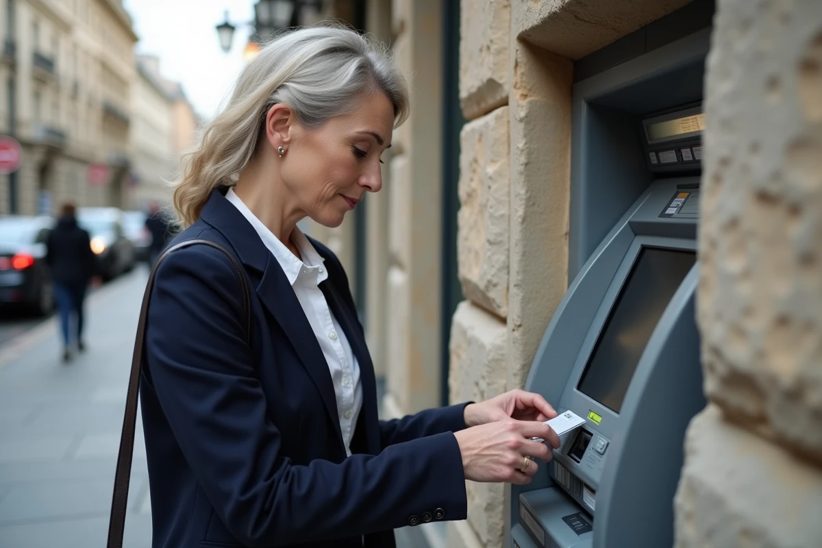 Femme utilisant un distributeur automatique en ville pour effectuer une opération sur son compte bancaire actif