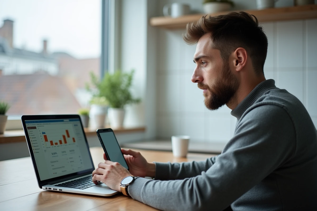 Homme vérifiant l'activité de son compte bancaire en ligne depuis son domicile sur ordinateur et smartphone