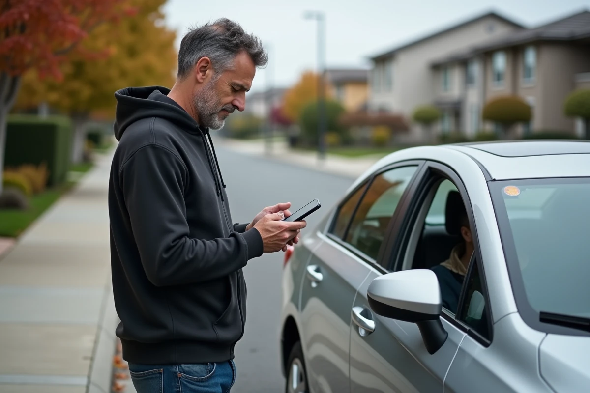 Homme conducteur vérifiant le calcul du prix de covoiturage sur son téléphone à côté de sa voiture