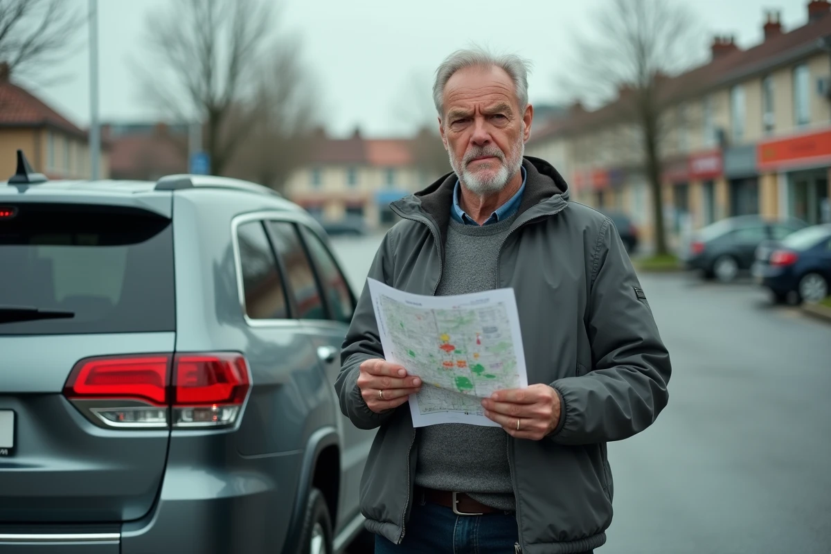 Homme d'une cinquantaine d'années consultant une carte des zones à faibles émissions à côté de son SUV diesel, face aux nouvelles restrictions de circulation 2026
