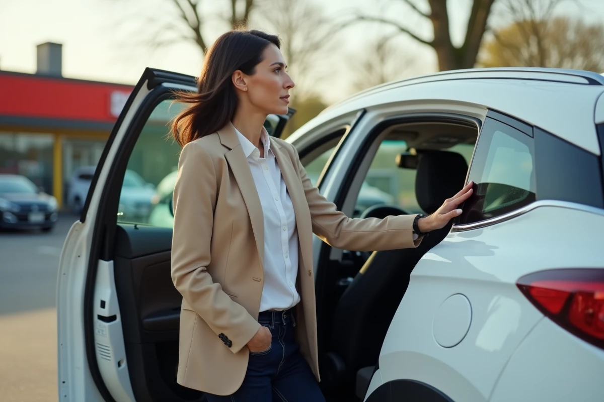 Femme sortant d'un SUV hybride non rechargeable blanc dans un parking de banlieue française