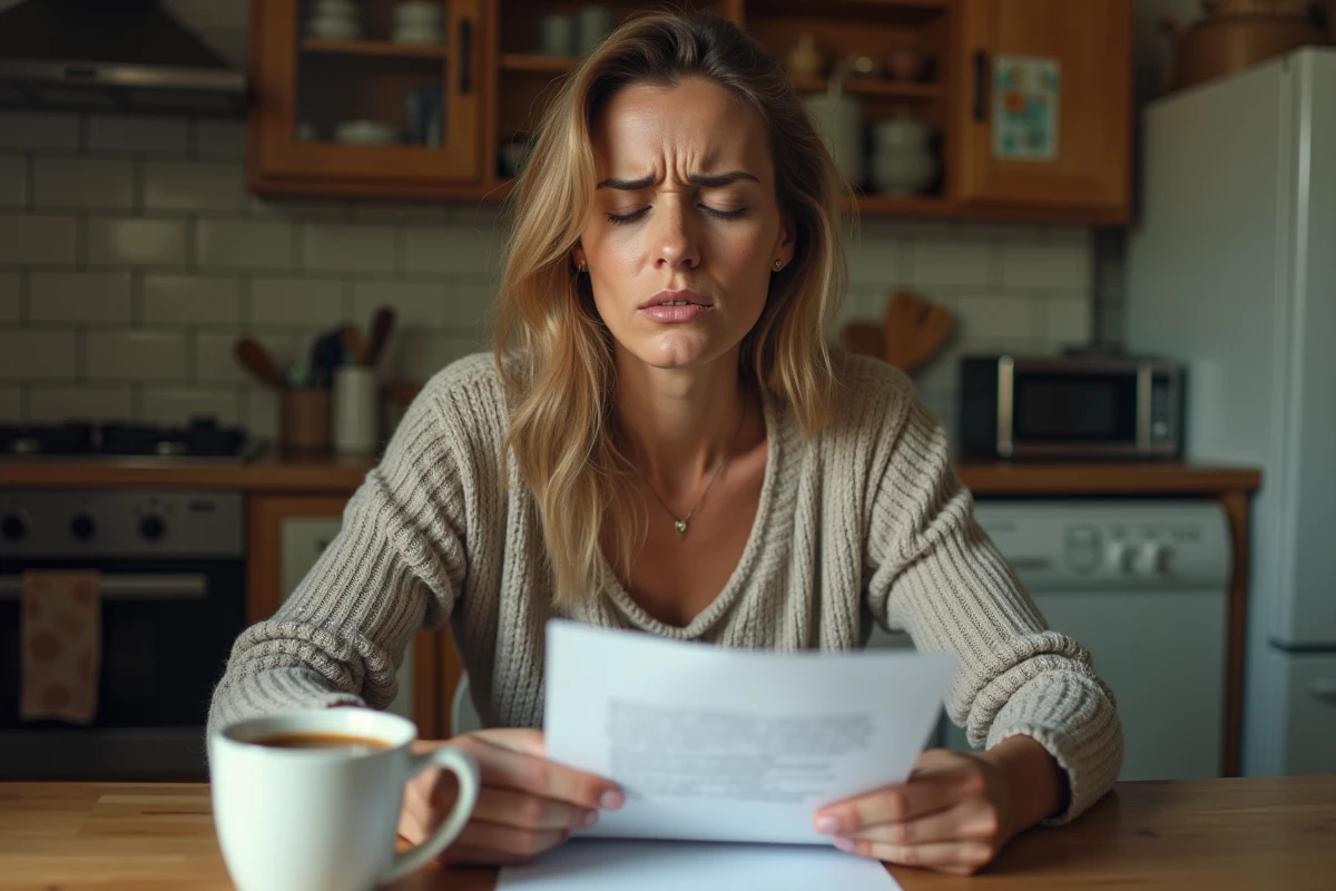 Femme préoccupée lisant une lettre dans une cuisine, symbolisant les conflits personnels et familiaux et leurs causes profondes