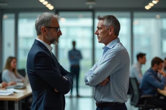 Deux collègues en désaccord dans un bureau moderne, illustrant les conflits professionnels et leurs causes