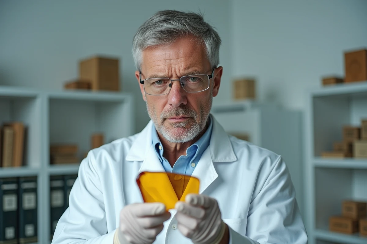 Conservateur de musée inspectant un fragment de verre antique, symbole de la longévité exceptionnelle des matériaux vitreux