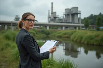 Consultante environnementale inspectant un site industriel conforme à la norme ISO 14001 avec végétation et bassin de rétention