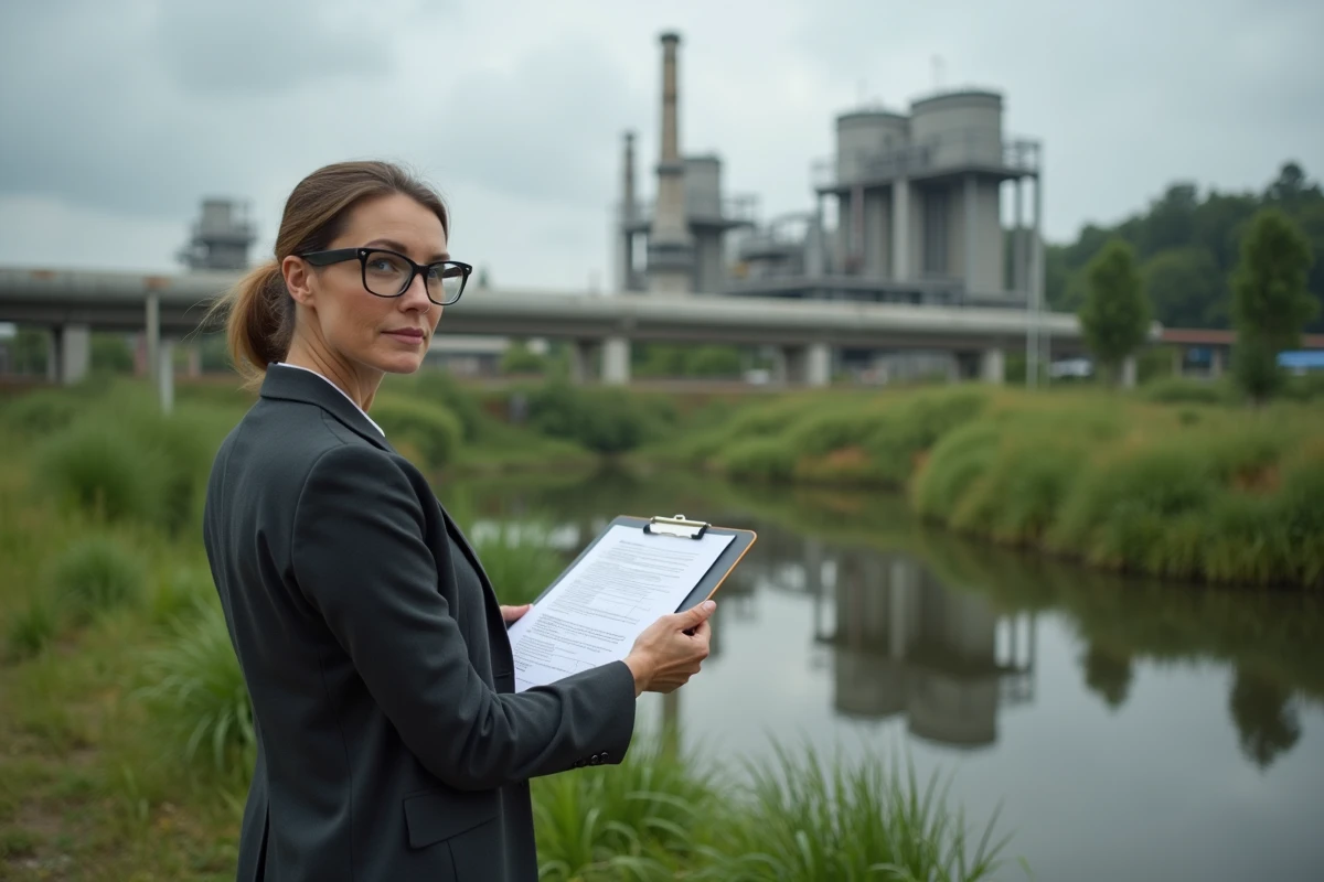 Consultante environnementale inspectant un site industriel conforme à la norme ISO 14001 avec végétation et bassin de rétention