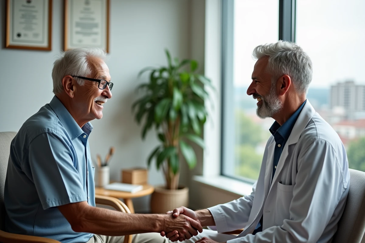 Patient âgé serrant la main de son médecin lors d'une consultation dans un cabinet moderne illustrant la qualité et la confiance dans les meilleurs systèmes de santé mondiaux