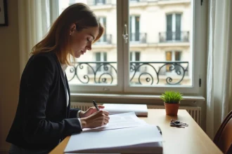 Femme signant un contrat de location dans un appartement parisien avec des clés et des documents sur un bureau en bois