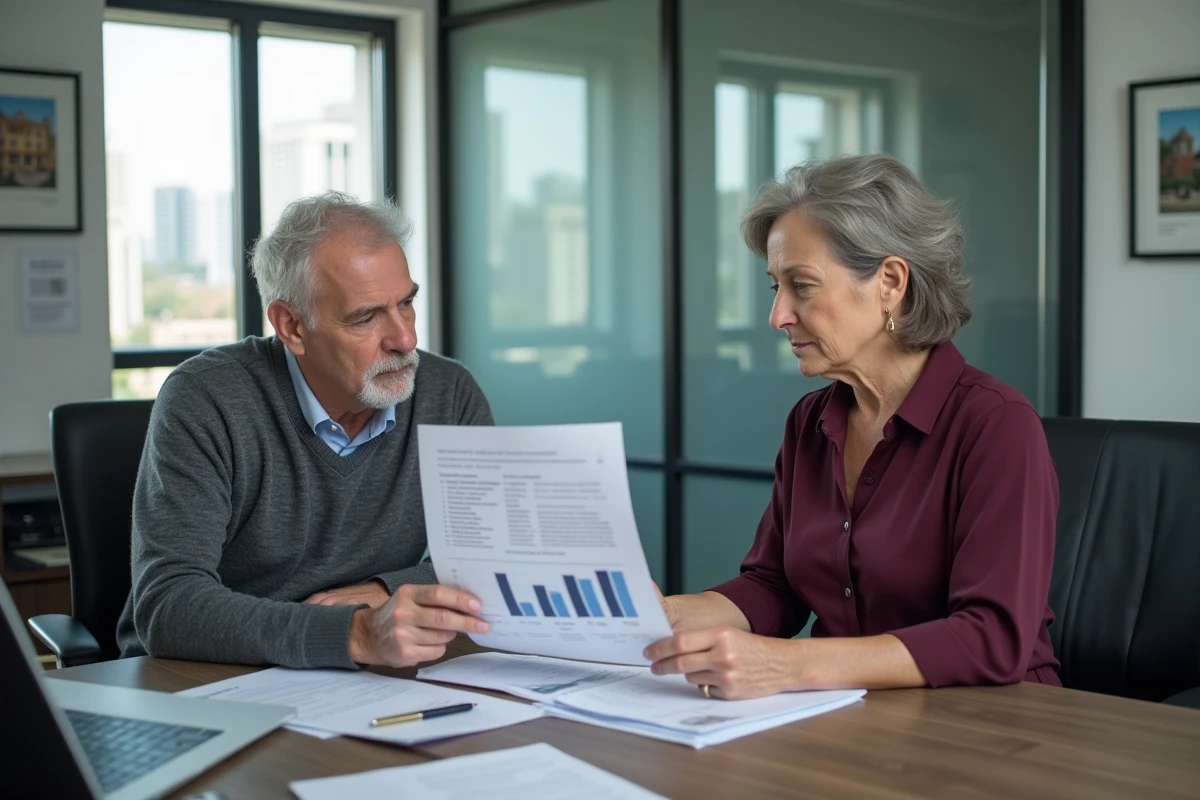 Couple de propriétaires en rendez-vous avec un agent immobilier pour discuter de la vente de leur bien locatif