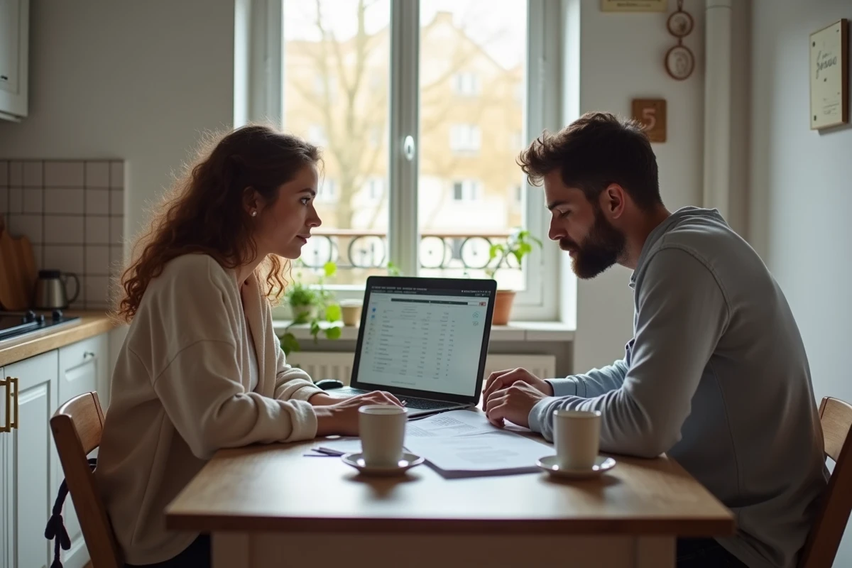 Jeune couple gérant son budget familial à la maison dans un appartement modeste d'une ville de province française