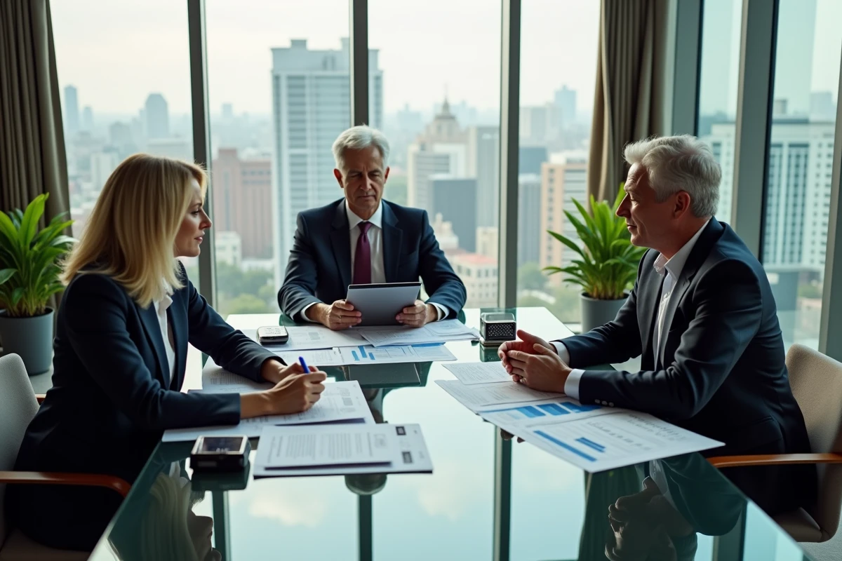 Couple de cinquante ans en réunion avec un conseiller financier autour d'un tableau de bord d'investissements, stratégies pour protéger son épargne de l'État