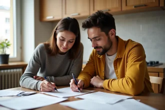 Couple examinant des documents administratifs à la table de cuisine pour déclarer leur concubinage