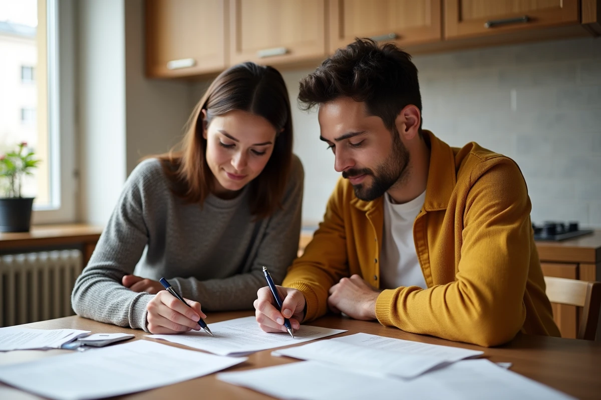 Couple examinant des documents administratifs à la table de cuisine pour déclarer leur concubinage
