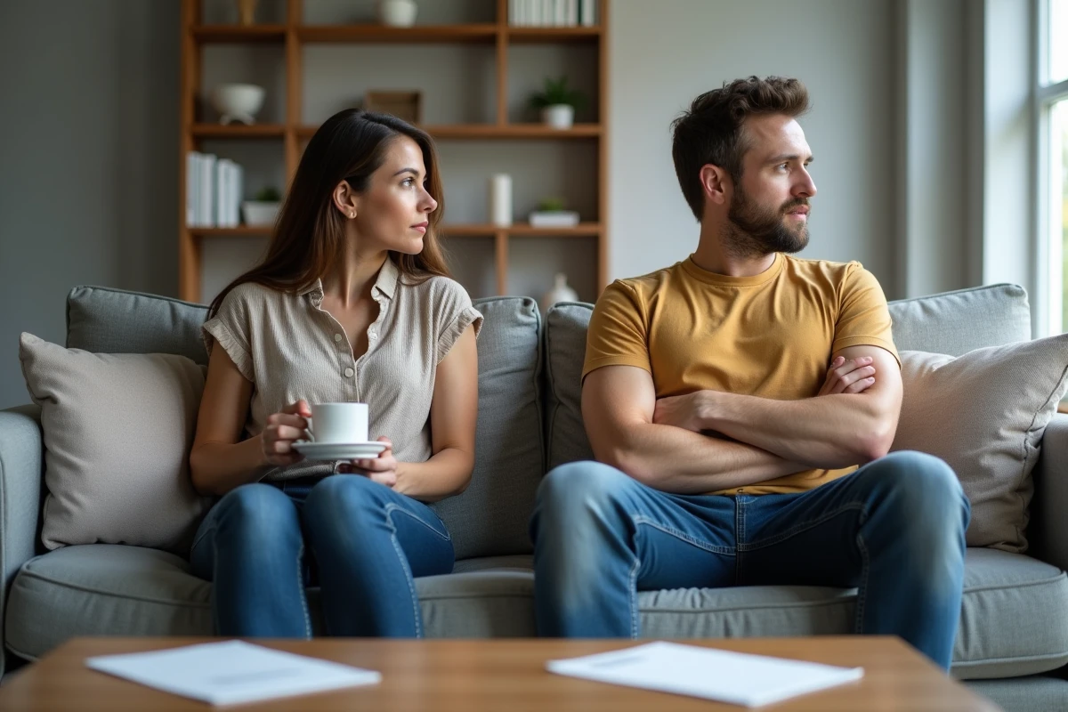 Couple assis aux extrémités opposées d'un canapé dans un salon, symbolisant la distance émotionnelle et la séparation