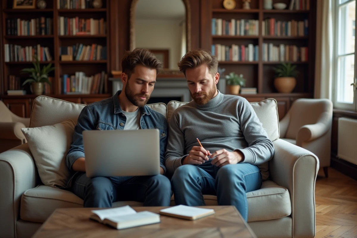 Deux hommes en couple consultant un site officiel sur les démarches de déclaration de concubinage