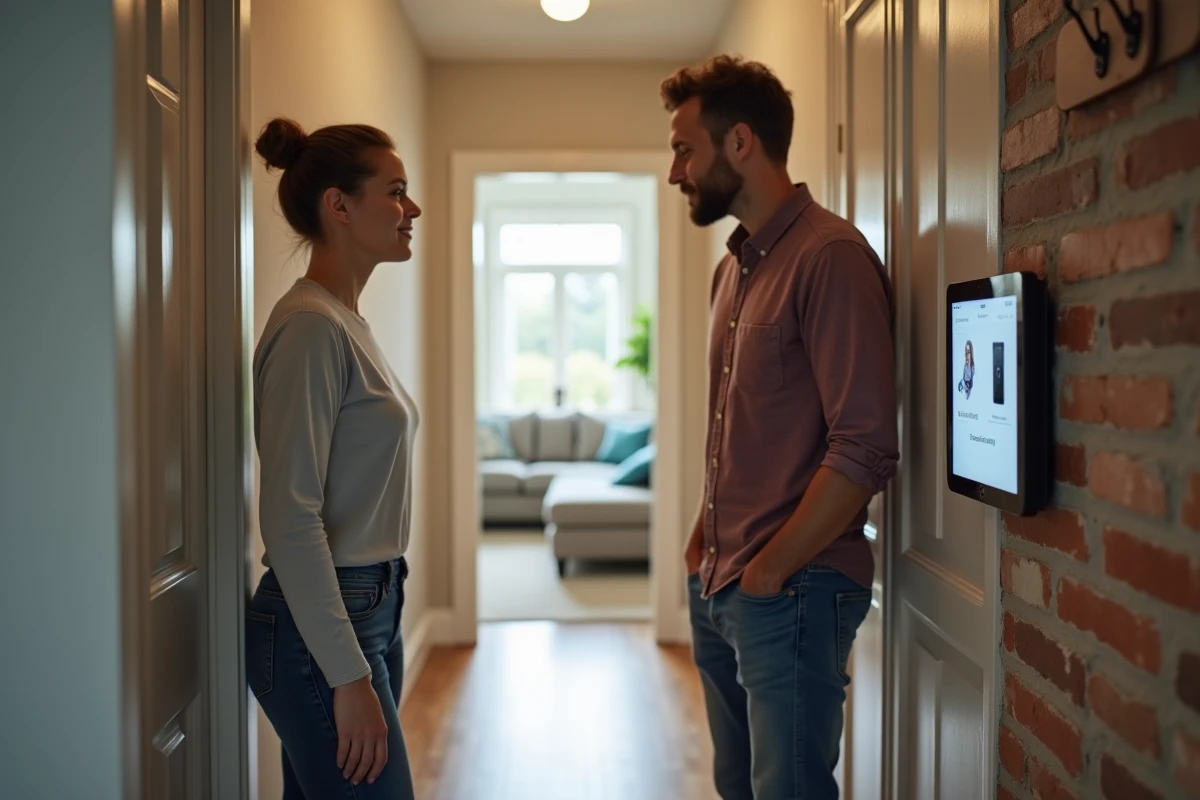 Couple consultant un hub domotique connecté dans le couloir d'une maison résidentielle moderne