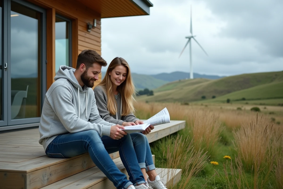 Couple étudiant des plans devant une maison écologique en milieu rural néo-zélandais, recherche du meilleur endroit pour vivre face au dérèglement climatique