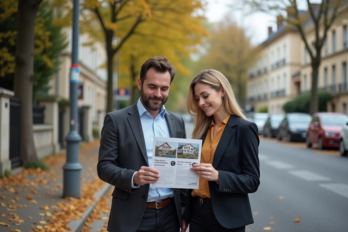 Couple consultant un flyer de prix immobilier au m2 dans un quartier résidentiel français