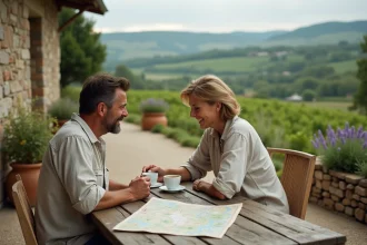 Couple de touristes lents profitant d'un café sur une terrasse en pierre dans la campagne française, carte routière dépliée sur la table