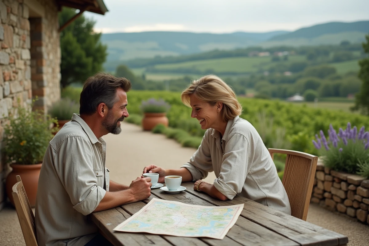Couple de touristes lents profitant d'un café sur une terrasse en pierre dans la campagne française, carte routière dépliée sur la table