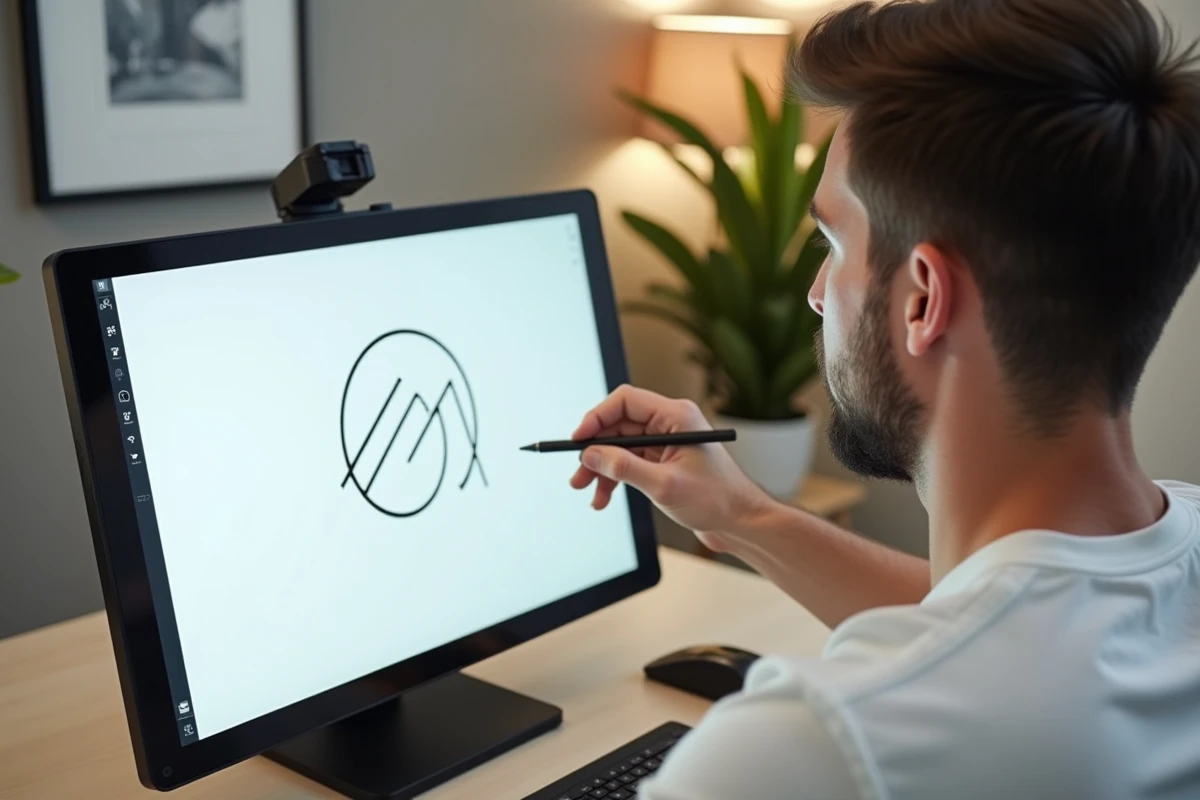 Designer créant un logo minimaliste sur tablette graphique dans un studio à domicile