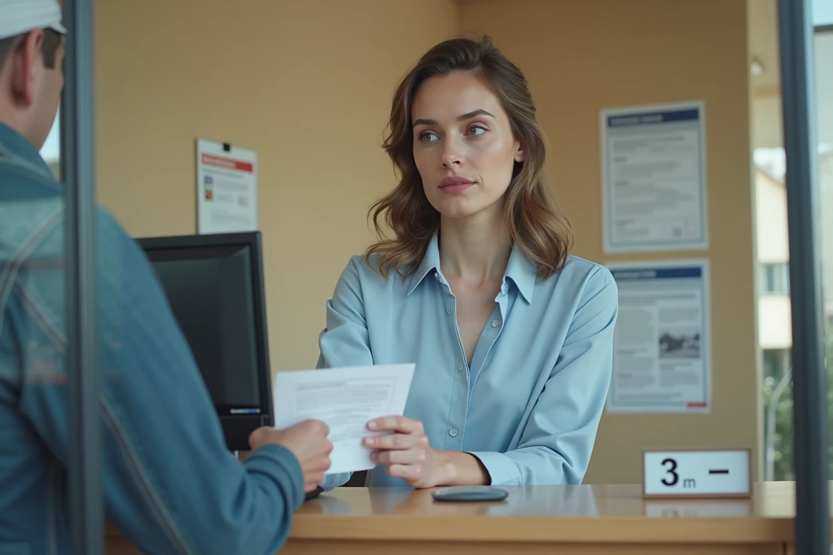 Femme déposant un formulaire de déclaration de concubinage au guichet d'une mairie
