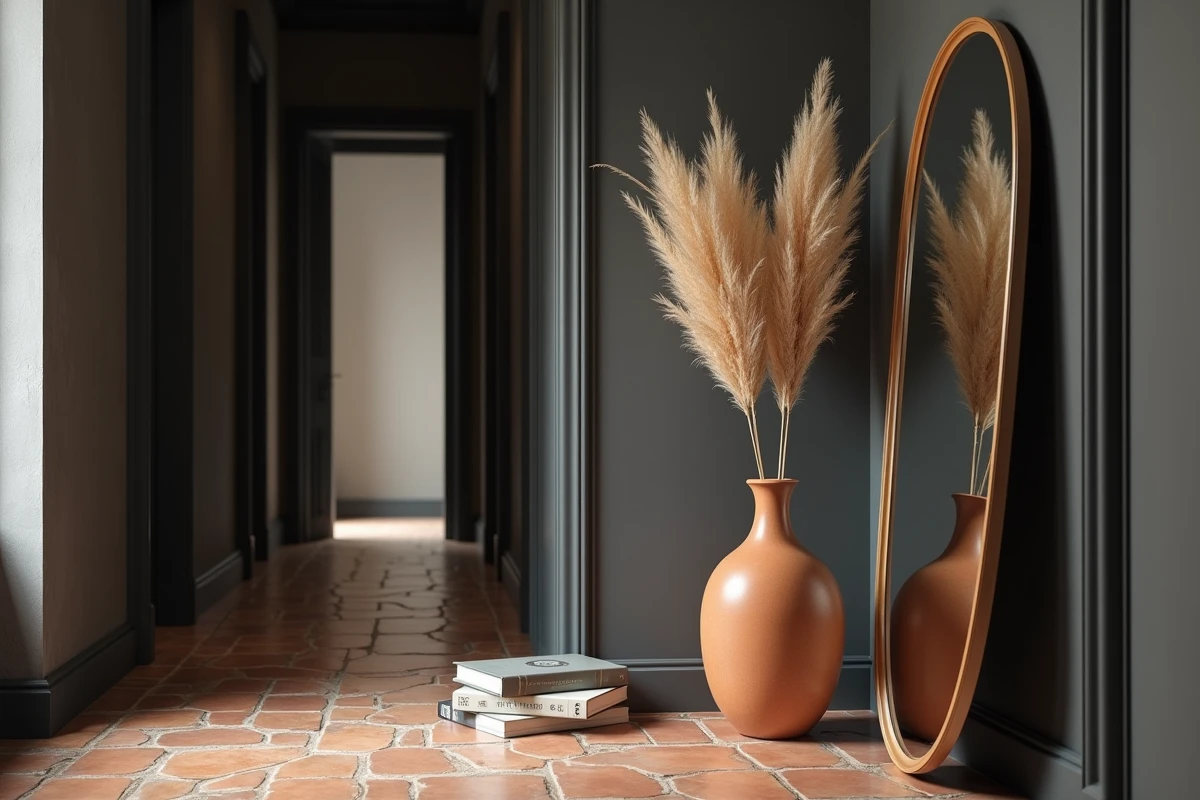 Décoration d'un couloir vide avec un vase en terracotta, herbe de la pampa séchée et miroir rond appuyé contre un mur anthracite