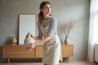 Femme décorant un coin vide de salon avec un vase en céramique sur un meuble en bois style scandinave