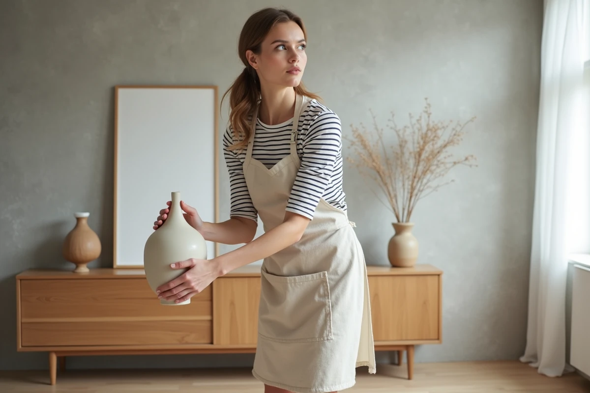 Femme décorant un coin vide de salon avec un vase en céramique sur un meuble en bois style scandinave