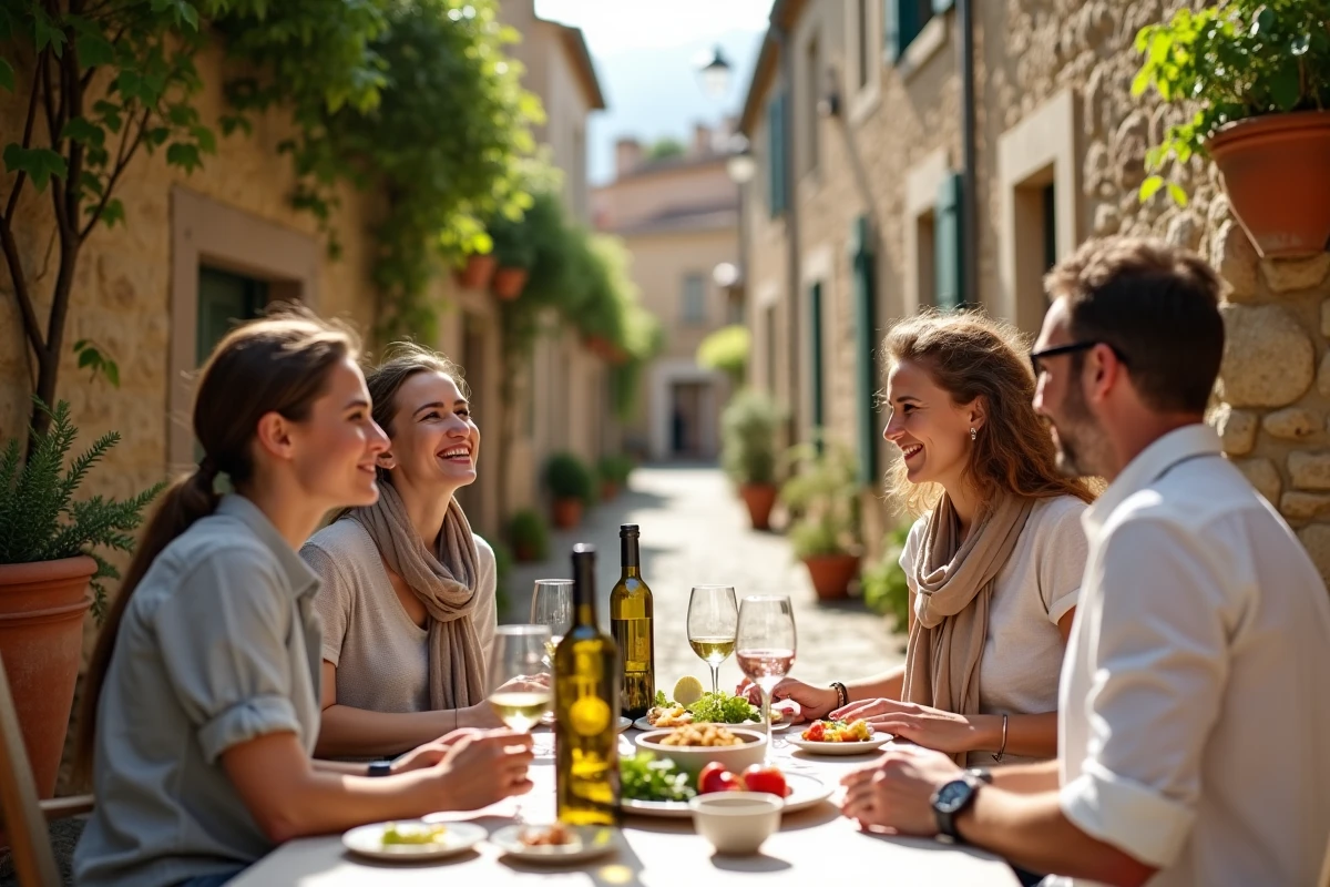Groupe de touristes découvrant des produits régionaux lors d'une dégustation gastronomique en village provençal