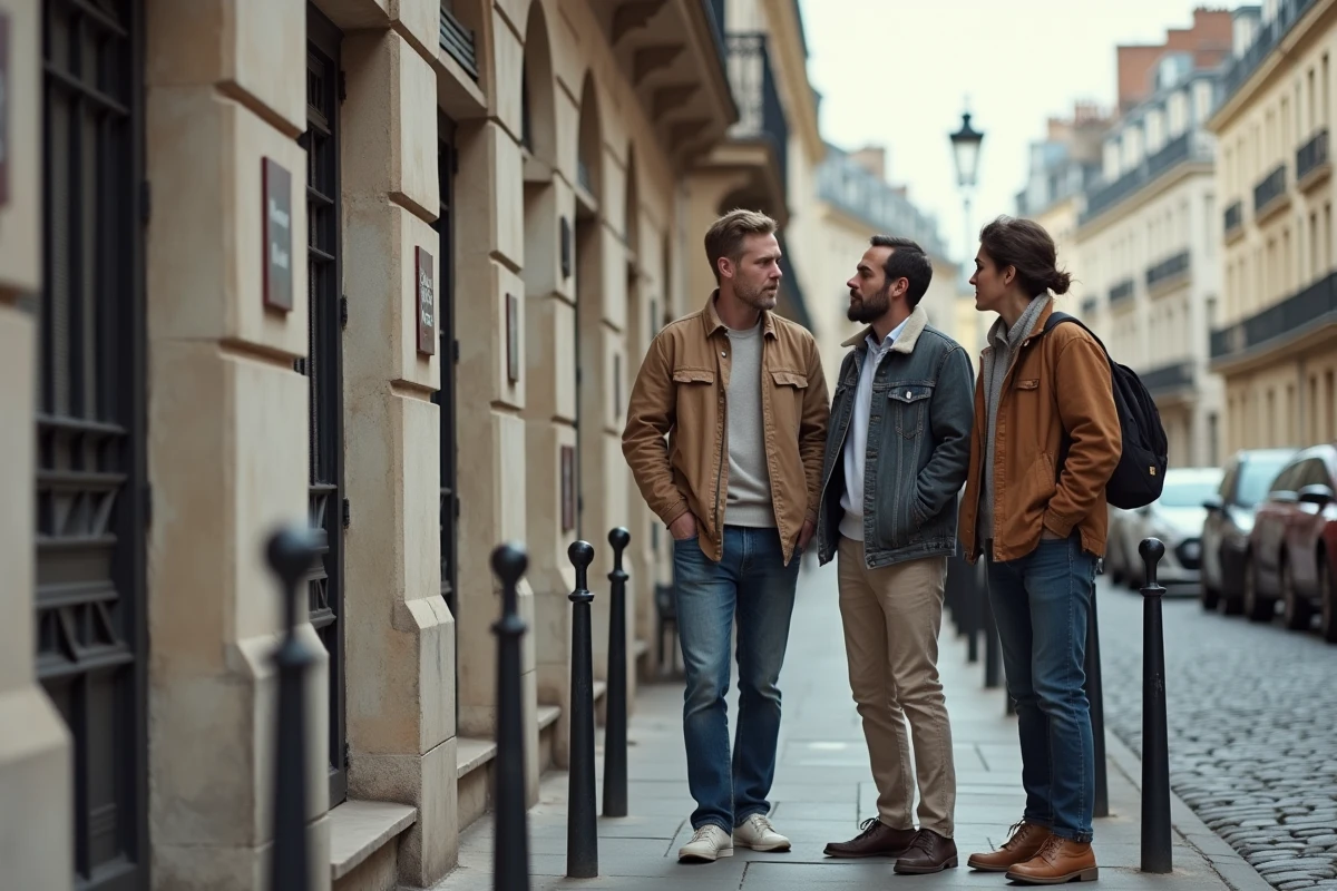 Groupe de personnes devant un immeuble à louer dans une rue typique de ville française avec panneaux de location