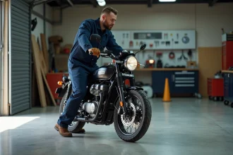 Homme en combinaison poussant une moto dans un garage atelier avec outils en arrière-plan