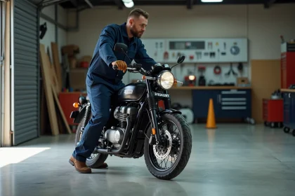 Homme en combinaison poussant une moto dans un garage atelier avec outils en arrière-plan