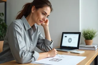 Designer étudiant un logo minimaliste sur papier dans un studio de création moderne
