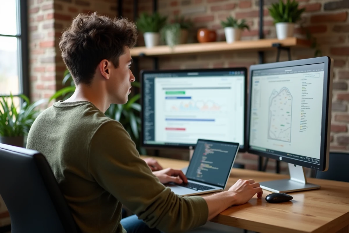 Développeur analysant une interface utilisateur sur deux écrans dans un espace de travail à domicile moderne