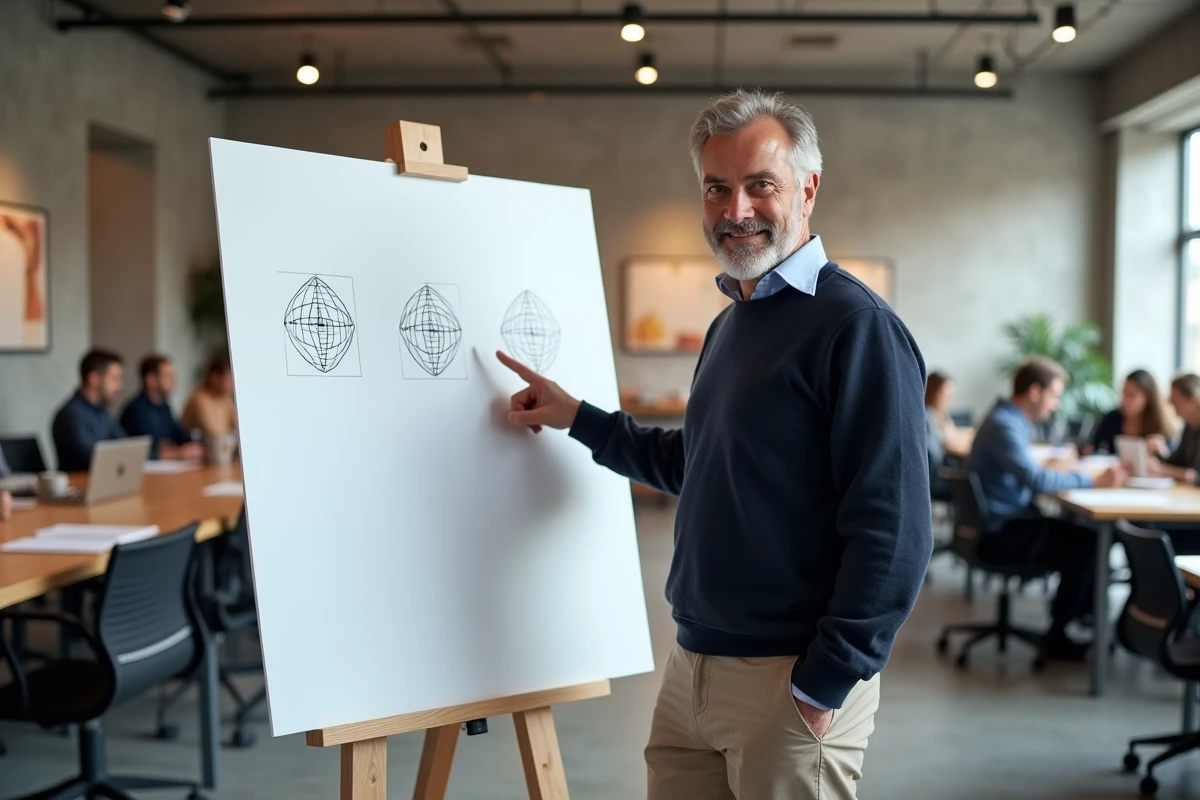 Directeur artistique présentant des variations de logo minimaliste dans une agence de design