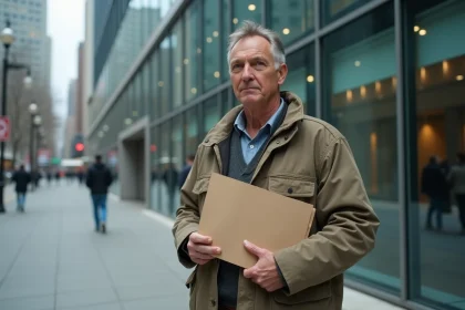 Homme en vêtements de travail modestes tenant un dossier de candidature devant un immeuble de bureaux moderne, illustrant la discrimination économique à l'emploi