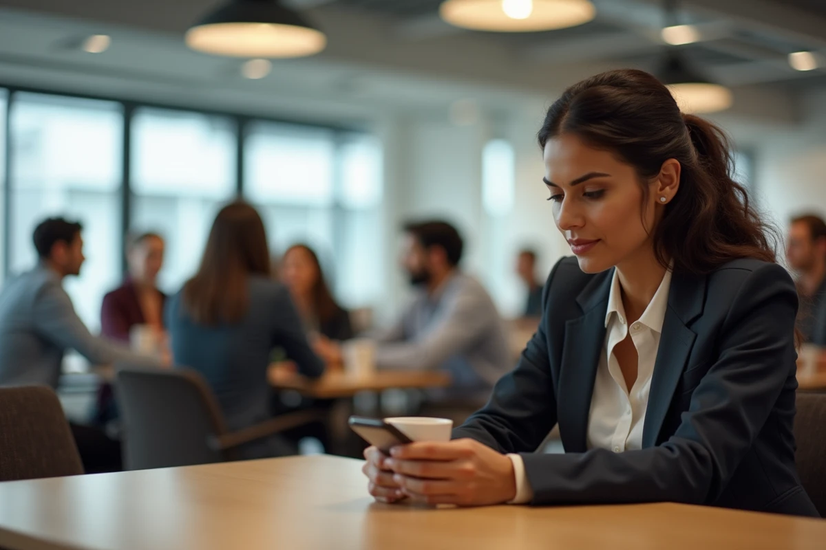 Femme professionnelle d'origine sud-asiatique isolée dans une cafétéria d'entreprise, symbolisant l'exclusion sociale et la discrimination en milieu de travail