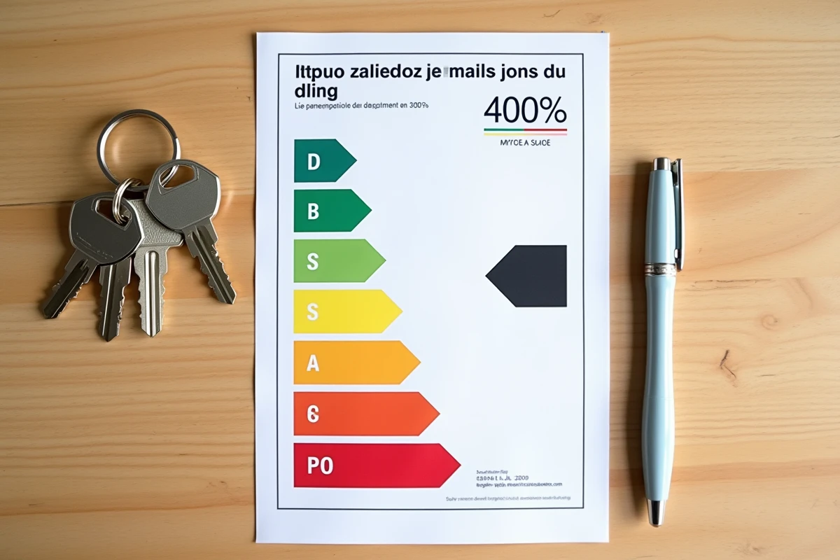 Document DPE avec étiquette énergétique, clés d'appartement et stylo sur un bureau en bois