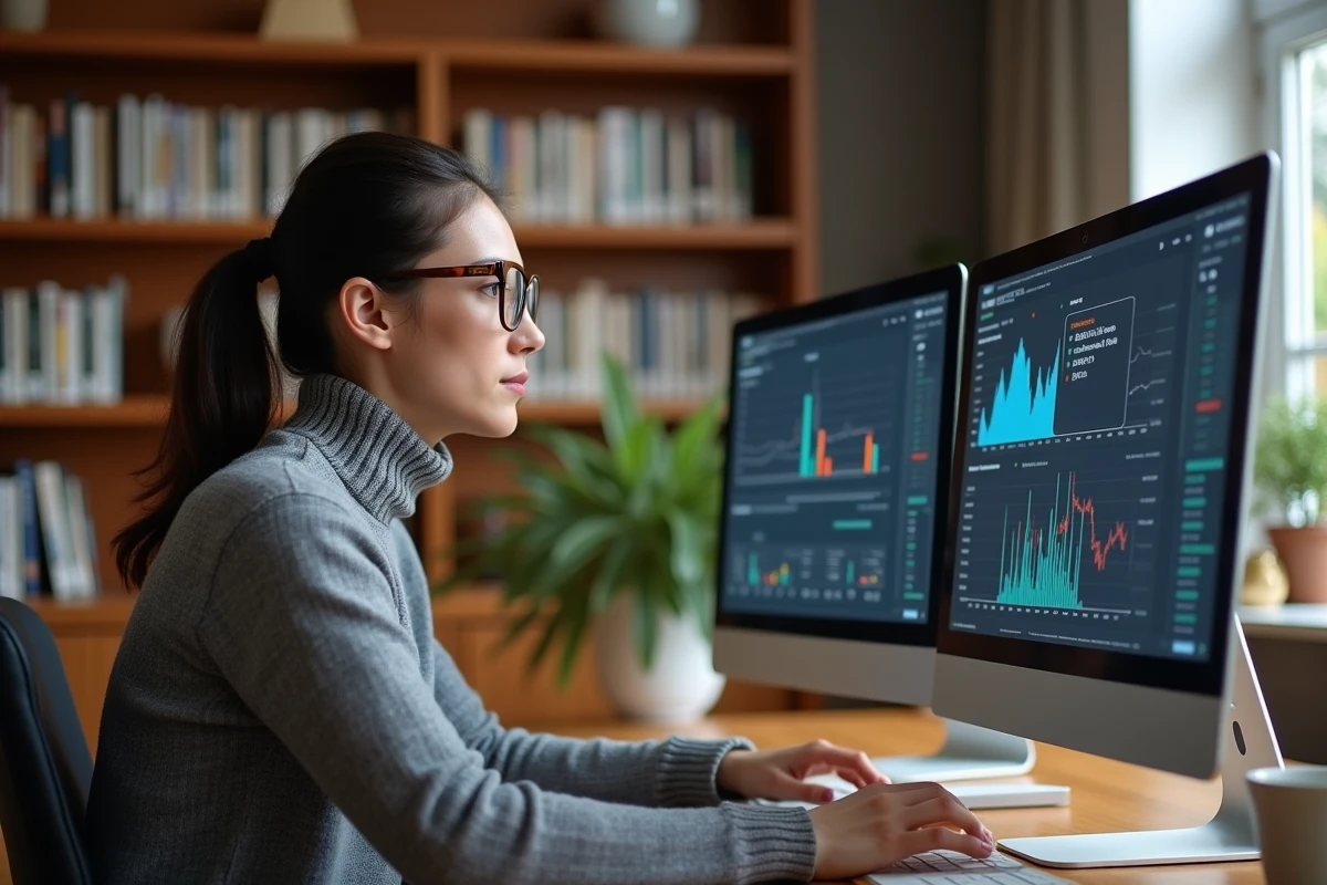 Économiste analysant des courbes de taux forward sur un double écran à domicile