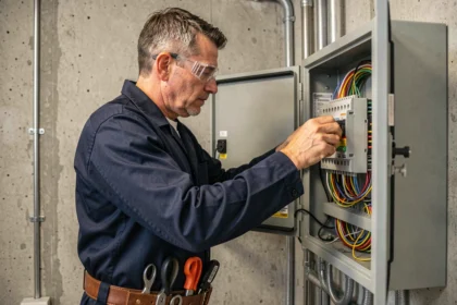 Électricien professionnel câblant un tableau électrique dans une maison moderne à Lyon, département du Rhône