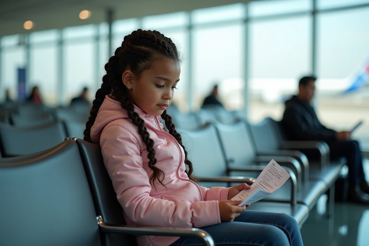 Fillette de 12 ans assise seule dans une salle d'attente d'aéroport tenant sa carte d'embarquement avant un vol non accompagné