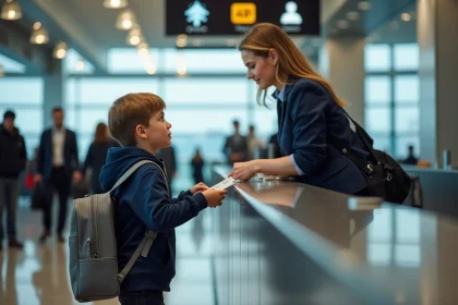 Jeune garçon d'environ 10 ans remettant ses documents à un agent d'escale à l'aéroport avant de voyager seul en avion