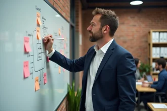 Entrepreneur debout devant un tableau blanc dans un bureau de startup moderne, illustrant la réflexion stratégique et l'innovation