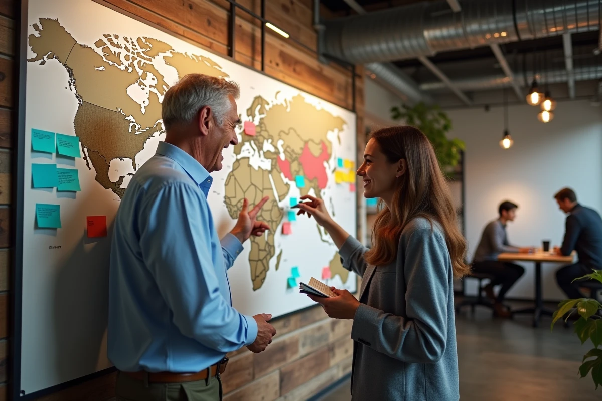 Deux entrepreneurs en discussion stratégique devant un mur de recherche et de post-it dans un espace de coworking, évoquant le processus d'innovation collective